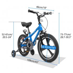 Kids Bike Boys Girls Freestyle Bicycle 16 Inch with Training Wheels,Adjustable Seat 12 14 18 20 with Kickstand Child's Bike Blue
