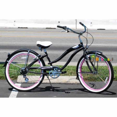 Micargi ROVER 7 Speed Beach Cruiser Shimano TX-35 7 Speed V-Brake Stainless Steel Spokes One Piece Crank Alloy Pink Rims 36H With Fender Color: Matte Black