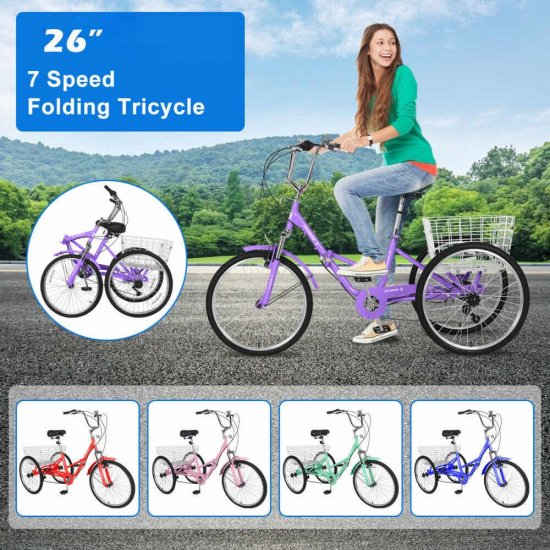 Mooncool Adult Folding Tricycles Folding Bikes, 7 Speed 26inch 3 Wheel Adult Trikes Cruiser Bike Purple with Large Basket, Foldable Tricycle for Adults, Women, Men, Seniors