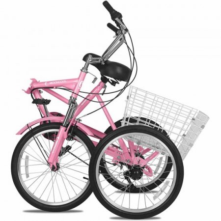 Mooncool Adult Folding Tricycle Pink 24 inch Wheels 7 Speed 3 Wheel Bike Cruiser Trike with Large Basket, Foldable Tricycle for Adults, Women, Men, Seniors Exercise Shopping