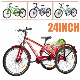 Docred Adult Mountain Tricycle, 7 Speed Three Wheel Bike, 24Inch Adults Trikes for Seniors with Shopping Basket, Exercise Men's Women's Tricycles