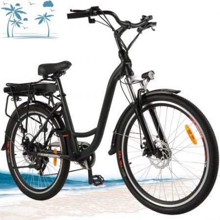 Ayner 26" Aluminum Electric Bike, Low-Step Thru Hybrid Beach Cruiser Electric Bicycle with 12.5Ah Battery, 6 Speed Derailleur Commuter Ebike for Adults Women Men | Black