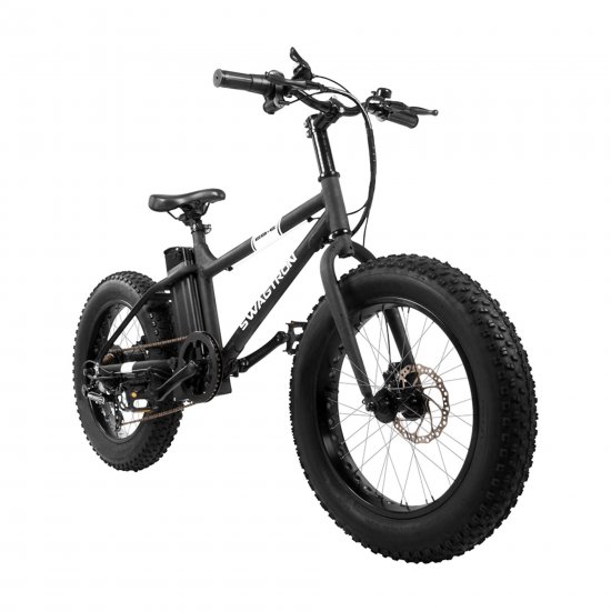 Swagtron EB6 Electric Bike Black 350W Motor Power Assist 4\" Tires 20\" Wheels Removable 36V Battery Dual Disc Brakes 7-Speed Shimano SIS Shifting EBike For Trail Riding