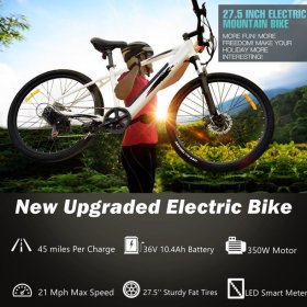 Ayner 27.5" 36V Electric Mountain Bike, 350W E-Bike for Adults, Commuter Bicycle with Removable Battery, Professional Shimano 7-Speed Gears, Dual Disc Brake 3 Cycling Modes | White