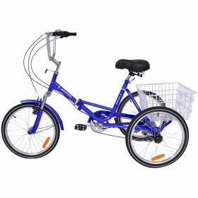 Docred Blue Folding Tricycle 20'' Wheels 7 Speed Trike Unisex Beginner With Shopping Basket