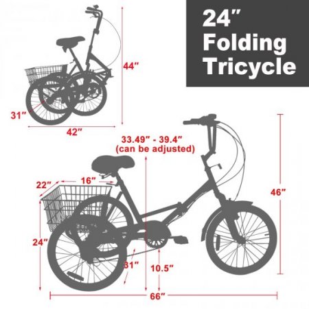 Folding Tricycle 7-Speed, 24 Inch Three Wheel Cruiser Bike with Basket, Foldable Tricycle for Adults, Women, Men, Seniors Exercise Shopping