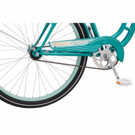 Schwinn Huntington Cruiser Bike, 26" wheels, single speed, women frame, teal, relaxed, rear rack