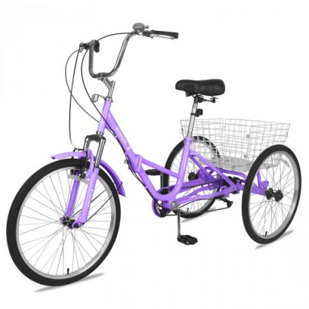 Mooncool Foldable Tricycle 24" Wheels 7-Speed Trike 3 Wheels Purple Bike with Basket Portable Bicycle for Adults Exercise Shopping Picnic Outdoor Activities