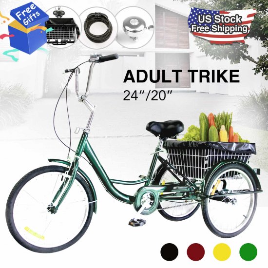 20\" Adult Tricycle w/ Large Basket Dust Bag & Paddle for Shopping & Outing GREEN