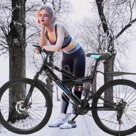 Abcnature 26" Men's Mountain Bike 21-Speed Road Bike for Women Carbon Steel Full Suspension Bicycle MTB Bike Black