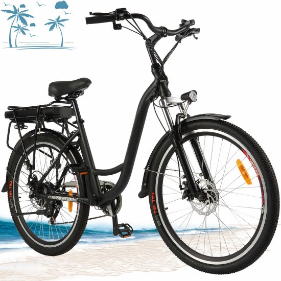 Ayner 26\" Aluminum Electric Bike, Low-Step Thru Hybrid Beach Cruiser Electric Bicycle with 12.5Ah Battery, 6 Speed Derailleur Commuter Ebike for Adults Women Men | Black