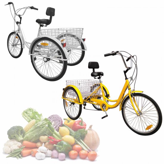 Motor Genic 7-Speed 24\" Adult 3-Wheel Tricycle Cruise Bike Bicycle With Basket White/Yellow