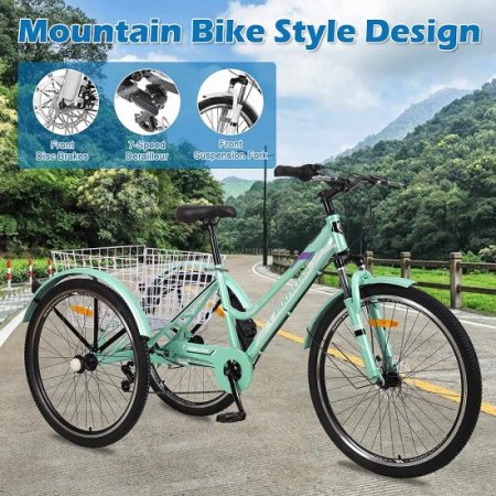 Mooncool 24-Inch Adult Mountain Bike 7 Speed Three Wheel Bike Mountain Tricycle Cruiser Trike Cyan with Shopping Basket