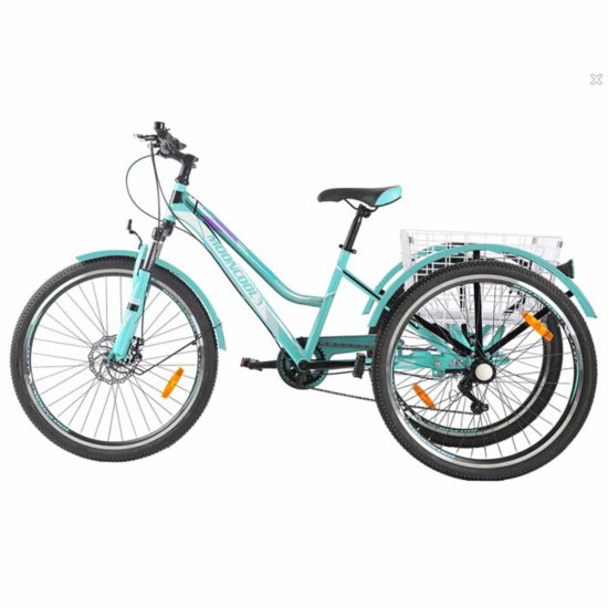 Docred 24\" Women Mountain Tricycle 7-Speed 3 Wheel Cyan Bike With Cargo Basket/Damping Seat