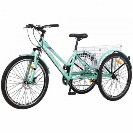 Mooncool 24-Inch Adult Mountain Bike 7 Speed Three Wheel Bike Mountain Tricycle Cruiser Trike Cyan with Shopping Basket