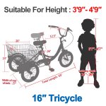 Docred Kids Tricycle 16" Wheels, Single Speed Trike, 3 Wheels Bike with Basket, Portable Bicycle Exercise Shopping Picnic Outdoor Activities