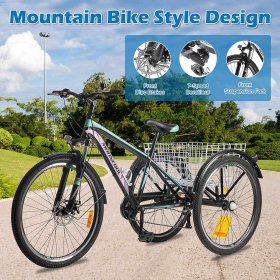 MOONCOOL 24 Inch Adult Mountain Bike 7 Speed 3 Wheel Bike Mountain Tricycle Cruiser Trike with Basket