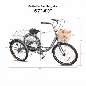 Viribus 26inch Wheels 3-Wheeled Adult Tricycle w Foldable Basket For Men and Women Bike,Gray