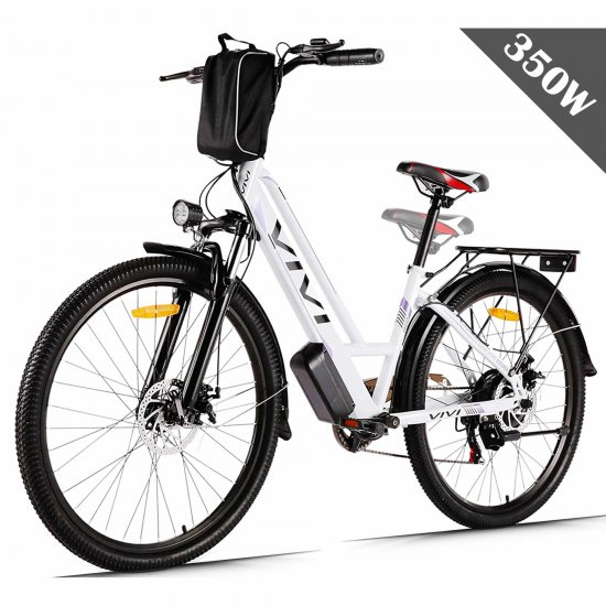 VIVI 26\'\'Electric Bike 350W Low-Step Thru City Cruiser Bicycle with Carrier Rack Professional 7 Speed, Electric Commuter Bike Hybrid Ebike for Women Senior Gift, Beach EBike