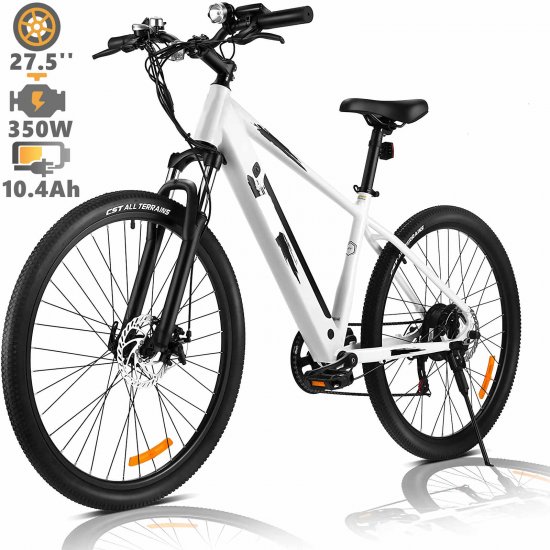 Ayner 27.5\" 36V Electric Mountain Bike, 350W E-Bike for Adults, Commuter Bicycle with Removable Battery, Professional Shimano 7-Speed Gears, Dual Disc Brake 3 Cycling Modes | White