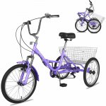 Mooncool Adult Folding Tricycles Folding Bikes, 7 Speed 26inch 3 Wheel Adult Trikes Cruiser Bike Purple with Large Basket, Foldable Tricycle for Adults, Women, Men, Seniors