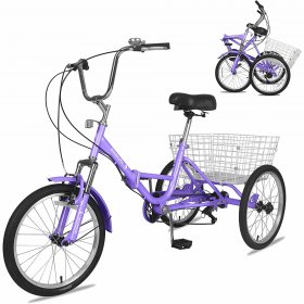 Mooncool Adult Folding Tricycles Folding Bikes, 7 Speed 26inch 3 Wheel Adult Trikes Cruiser Bike Purple with Large Basket, Foldable Tricycle for Adults, Women, Men, Seniors