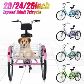 Docred Adult Tricycle 7 Speed Three Wheel Bike 26 inch Seat Adjustable Trike with Bell