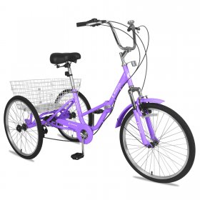 Mooncool Foldable Tricycle 24" Wheels 7-Speed Trike 3 Wheels Purple Bike with Basket Portable Bicycle for Adults Exercise Shopping Picnic Outdoor Activities