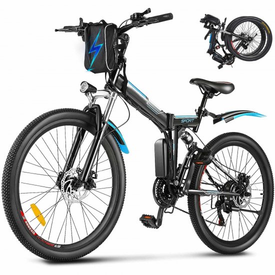 Ayner Folding Electric Bike, 26\'\' Electric Mountain Bicycle E-Bike with Shimano 21 Speed Gears 36V/8Ah Lithium-Ion Battery Fast Charge, Commuter Adult Ebike with Dual Disc Brakes | Black