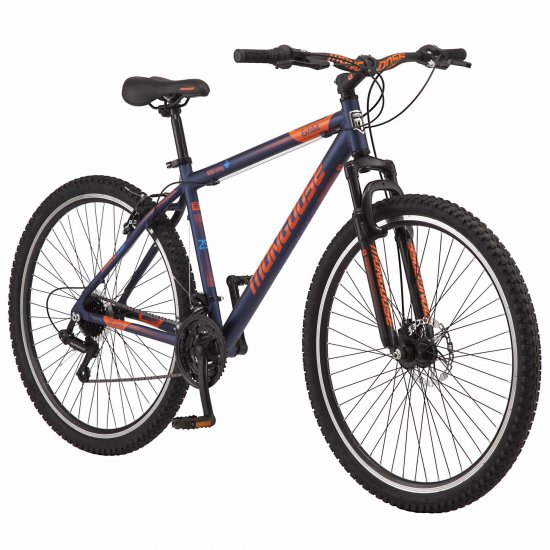 Mongoose Exhibit Mountain Bike, 29-inch wheels, 21 speeds, blue