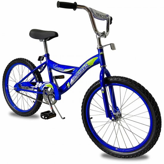 TRACER Logan 20 BMX Kids Bike Boys Freestyle Bicycle with Training Wheels Kickstand Child\'s Road Bike Wider Hi-Ten Steel Frame Unique Pattern Design, Blue