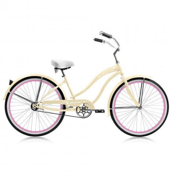 Micargi ROVER GX 26\" Beach Cruiser Coaster Brake Single Speed Stainless Steel Spokes One Piece Crank Alloy Pink Rims 36H With Fenders Color: Vanilla/ Pink Rim