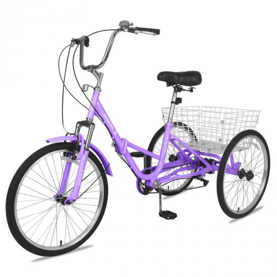 Mooncool Foldable Tricycle 24\" Wheels 7-Speed Trike 3 Wheels Purple Bike with Basket Portable Bicycle for Adults Exercise Shopping Picnic Outdoor Activities