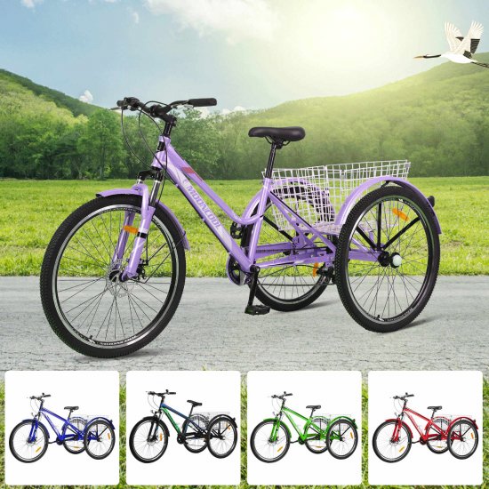 Adult Mountain Tricycle, 7 Speed MTB Three Wheel Trike Bike Bicycle, 26 Inch Adults Trikes with Large Shopping Basket For Seniors,Exercise Men\'s Women\'s Tricycles