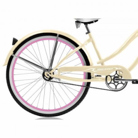 Micargi ROVER GX 26" Beach Cruiser Coaster Brake Single Speed Stainless Steel Spokes One Piece Crank Alloy Pink Rims 36H With Fenders Color: Vanilla/ Pink Rim