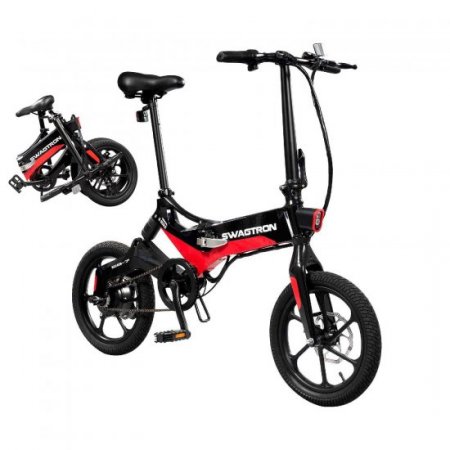 SWAGTRON EB7 Long-Range Folding Electric Bike, 16-Inch Wheels, Swappable Battery with Keylock & Rear Suspension