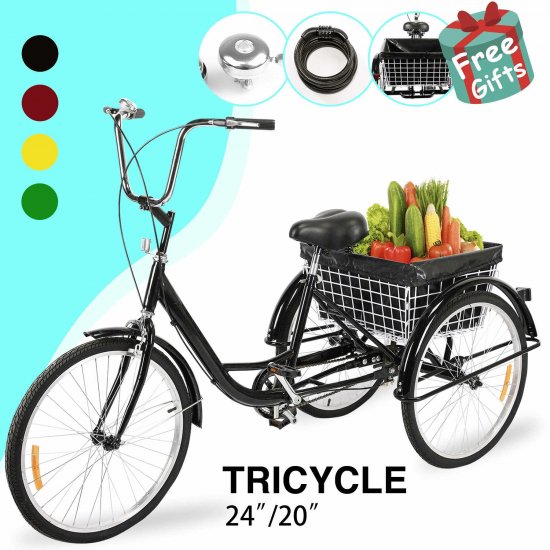 Viribus Black 24\" Adult Tricycle Trike 3-Wheel Bike w/Massive Basket&Liner for Shopping