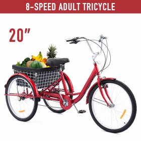 Viribus Adult Tricycle 20 Inch 3 Wheel Bike with 8 Speeds Flexible Seat Back Basket Red