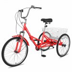 Mooncool Adult Folding Tricycle 7 Speed 26 Inch Three Wheel Bike Cruiser Trike with Low-Step Through Frame/Large Basket/Adjustable Seat, Red