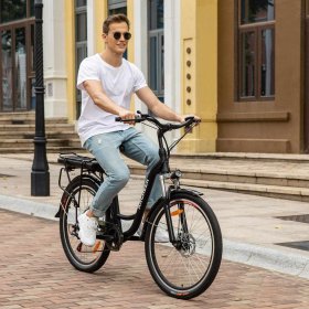 Ayner 26" Aluminum Electric Bike, Low-Step Thru Hybrid Beach Cruiser Electric Bicycle with 12.5Ah Battery, 6 Speed Derailleur Commuter Ebike for Adults Women Men | Black