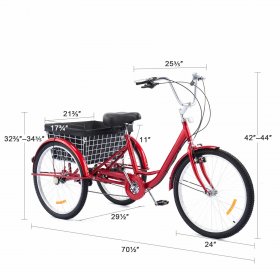 Viribus Adult Tricycle 24 Inch 3 Wheel Bike with 8 Speeds Flexible Seat Back Basket Red