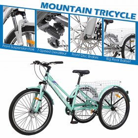 Mooncool 24-Inch Adult Mountain Bike 7 Speed Three Wheel Bike Mountain Tricycle Cruiser Trike Cyan with Shopping Basket