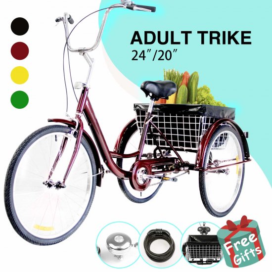 Adult Tricycle Trike 3-Wheel Bike Cruiser 20\" w/Basket, Liner& Comb Lock, Shiny Red