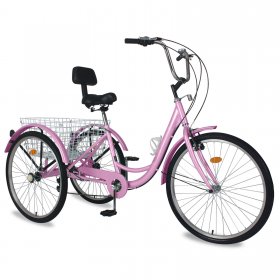 Mooncool Adult Tricycle with Rear Storage Basket for Recreation, Shopping 24-inch Wheels 7 Speeds, Pink
