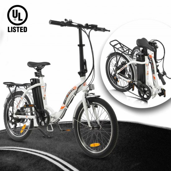 ECOTRIC 20\" White Folding Electric Bike Bicycle City EBike 350W Gear Rear Motor 36V/12.5AH Removable Lithium Battery Alloy Frame Pedal and Throttle Assist LED Display