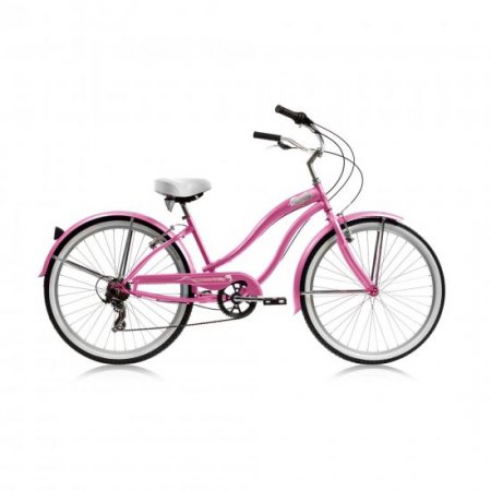 26" Rover 7 Speed Shimano TX-35 Stainless Steel Spokes Pink Rims Front and Back Fenders V-Brakes Micargi Women Girl Style Beach Cruiser Bicycle