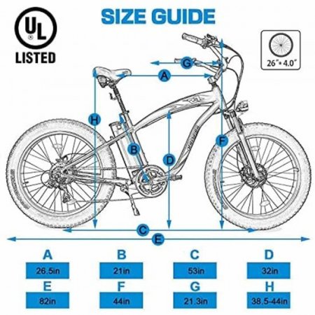 Ecotric 26 In. x 4 In. Fat Tire UL Mountain Beach Snow Electric Bicycle with Shimano 7 Speeds Black Removable Lithium Battery New 750 W 48 V 48 V 13 Ah Lithium Battery Pedal Assist Black frame and Blue Rims