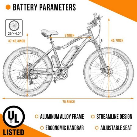 Ecotric 26 In. 500W 36V Electric Fat Tire Bicycle e-bike Beach Snow City Bike Road Bicycle Cycling 7 Speed