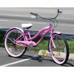 26" Rover 7 Speed Shimano TX-35 Stainless Steel Spokes Pink Rims Front and Back Fenders V-Brakes Micargi Women Girl Style Beach Cruiser Bicycle