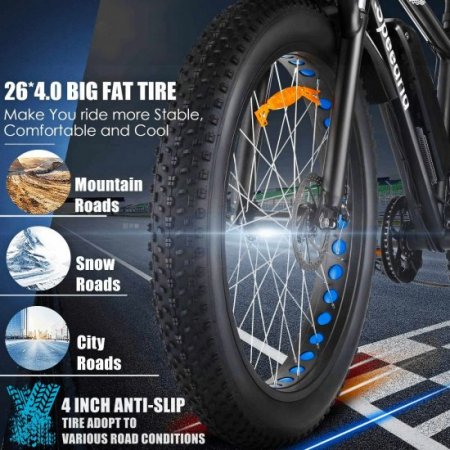 26" Electric Men Bike 48V 500W Fat Tire Electric Bike Snow Bike, 48V 10Ah Removable Battery and Professional 7 Speed